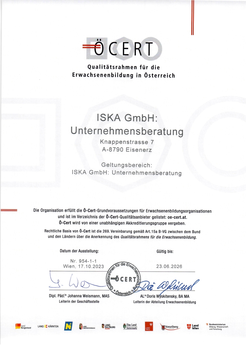 Zertifikat ISKA Unternehmensberatung Graz