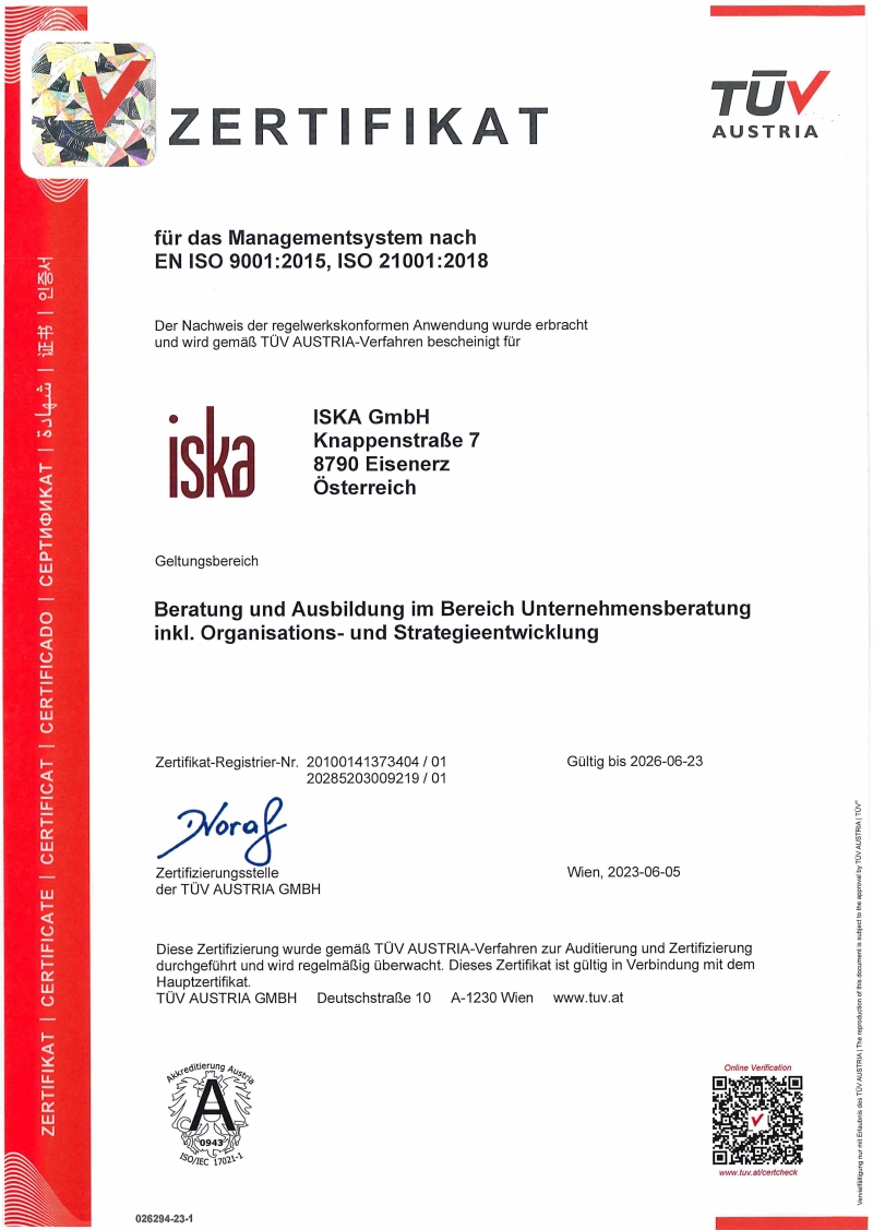 Zertifikat ISKA Unternehmensberatung Graz
